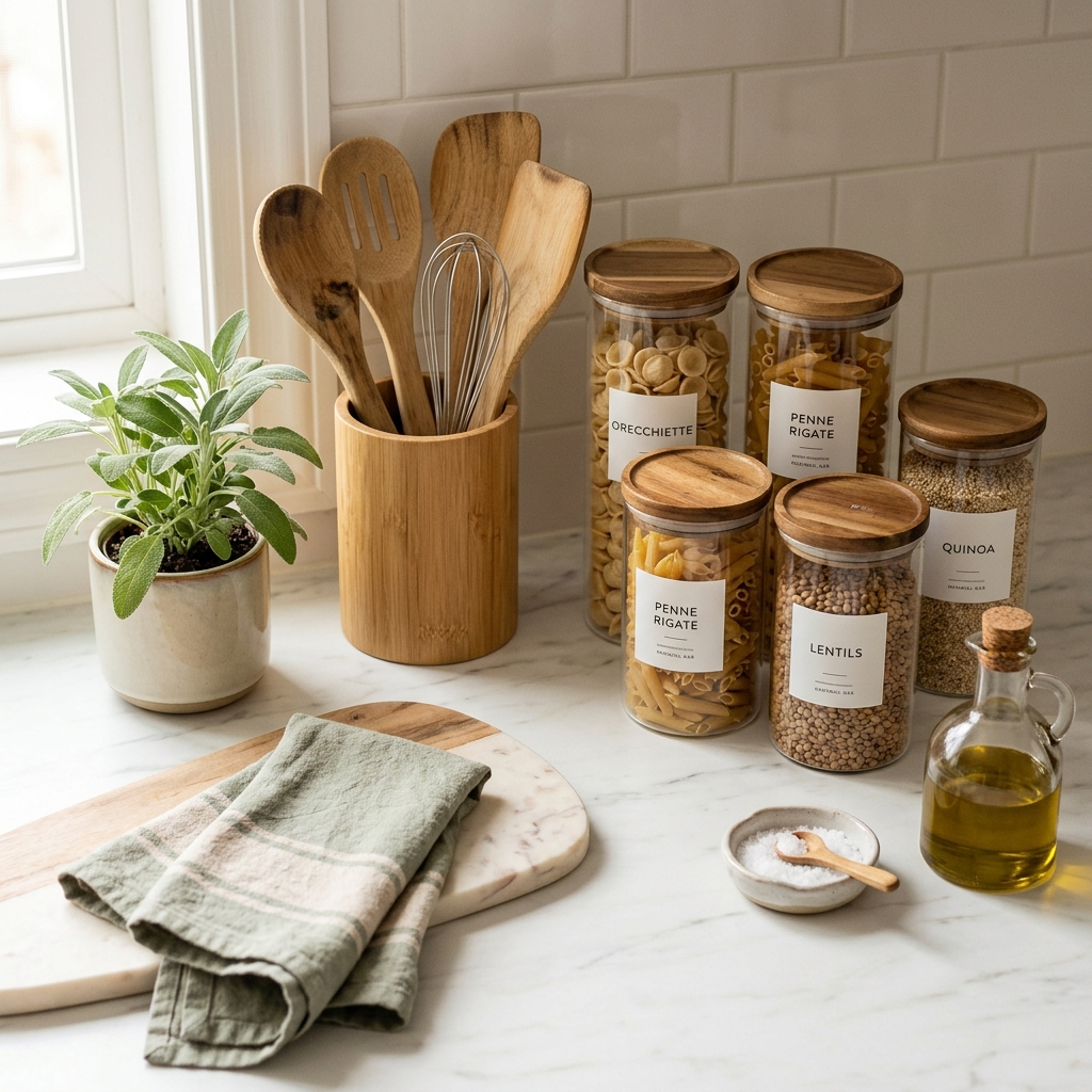 Beautifully organized kitchen countertop with bamboo utensils, glass pantry jars, and a marble cutting board